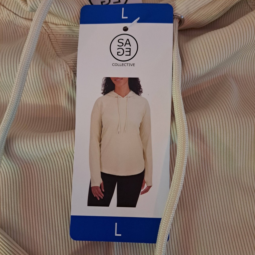 Sage Collective Ribbed Hoodie‎ Womens LG Tan NWT Thumbhole Pullover 843-255-CB5